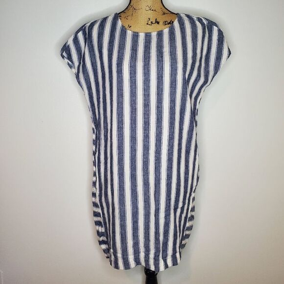 Madewell Striped Play Button Back Linen Blend Dress Size M - Picture 2 of 12